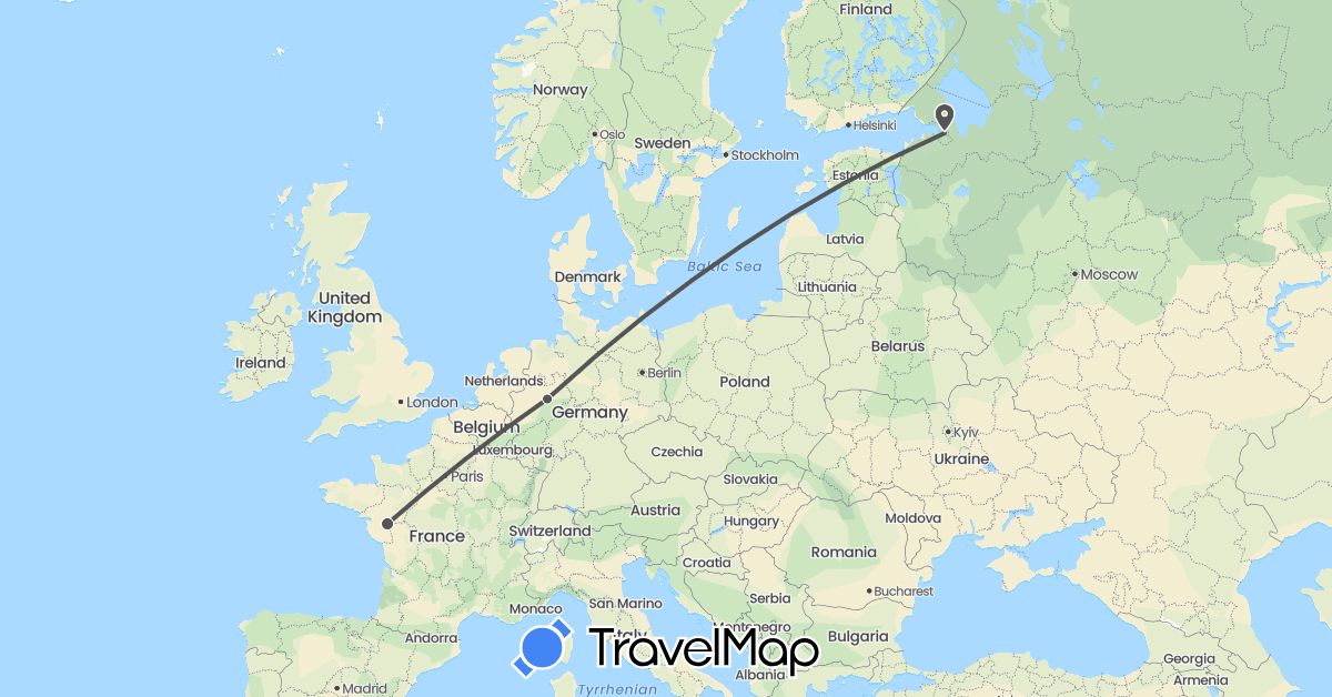 TravelMap itinerary: driving, motorbike in Germany, France, Russia (Europe)